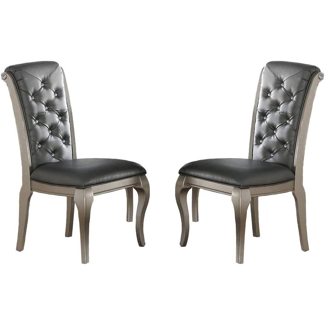 Luxury Antique Silver Wooden Set of 2 Dining Side Chairs Grey Faux Leather / PU Tufted Upholstered Cushion Chairs