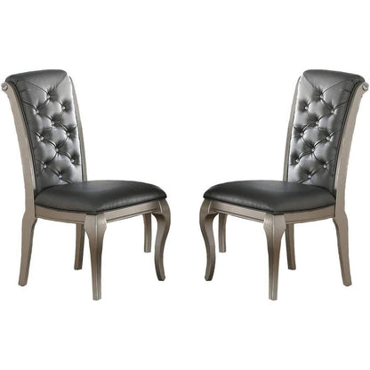 Luxury Antique Silver Wooden Set of 2 Dining Side Chairs Grey Faux Leather / PU Tufted Upholstered Cushion Chairs