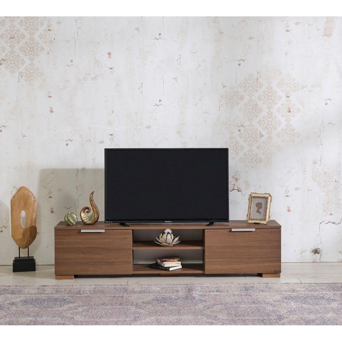 Store April Mid Century Modern Tv Stand 2 Door Cabinets 2 Shelves White 66 inch Tv Unit, Walnut