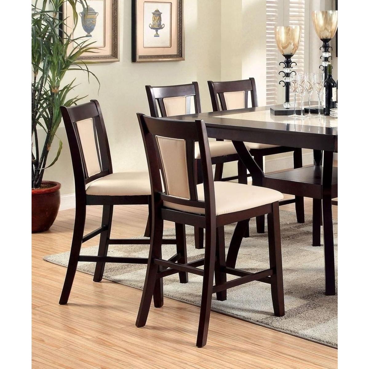 Contemporary Set of 2 Counter Height Chairs Dark Cherry And Ivory Solid wood Chair Padded Leatherette Upholstered Seat Kitchen Dining Room Furniture