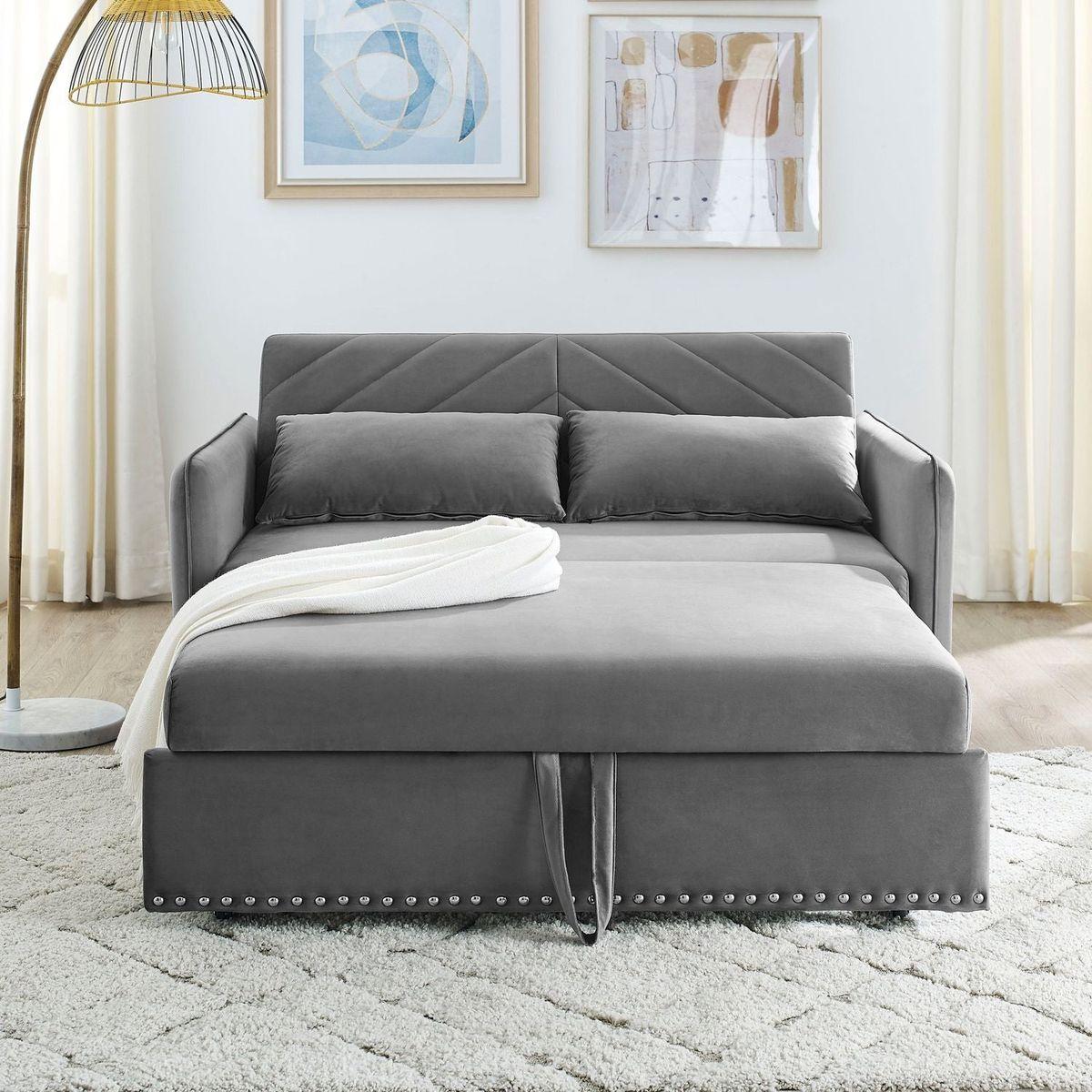 Pull-out sofa sleeper, 3-in-1 adjustable sleeper with pull-out bed, 2 lumbar pillows and side pocket, soft velvet convertible sleeper sofa bed, suitable for living room bedroom.