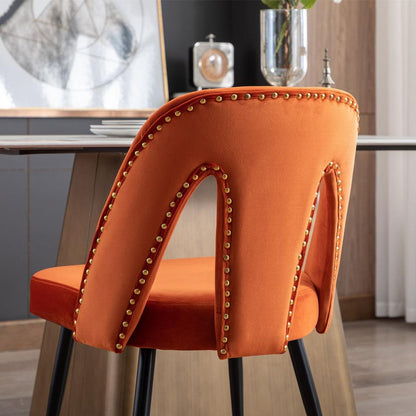 Akoya Collection Modern Contemporary Velvet Upholstered Dining Chair with Nailheads and Gold Tipped Black Metal Legs, Orangeet of 2