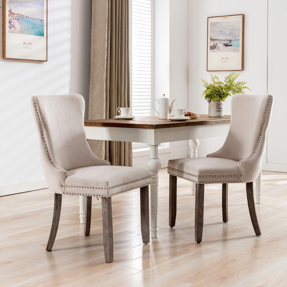 Upholstered Wing-Back Dining Chair with Backstitching Nailhead Trim and Solid Wood Legs, Set of 2, Beige, 8809BG, KD