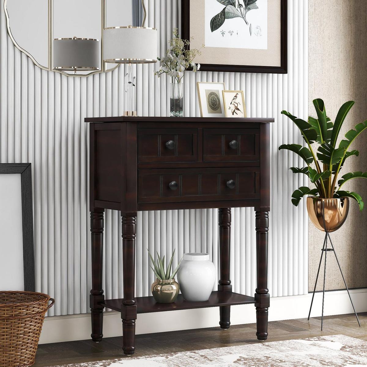 Narrow Console Table, Slim Sofa Table with Three Storage Drawers and Bottom Shelf for Living Room, Easy Assembly (Espresso) - Streamdale Furniture