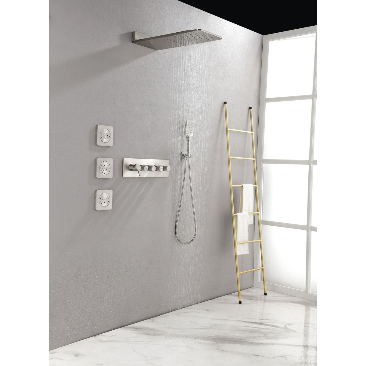 Wall Mounted Waterfall Rain Shower System With 3 Body Sprays & Handheld Shower