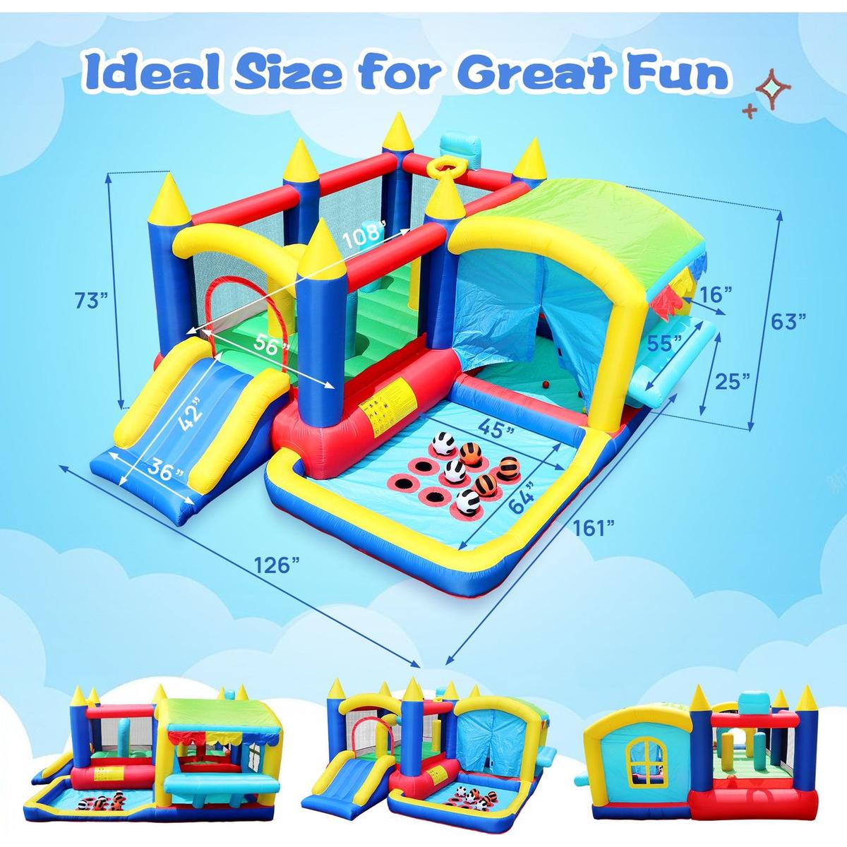 7 in 1 Inflatable Bounce House, Bouncy House with Ball Pit for Kids Indoor Outdoor Party Family Fun, Obstacles, Toddler Jump Bouncy Castle with Ball Pit for Birthday Party Gifts - Streamdale Furniture