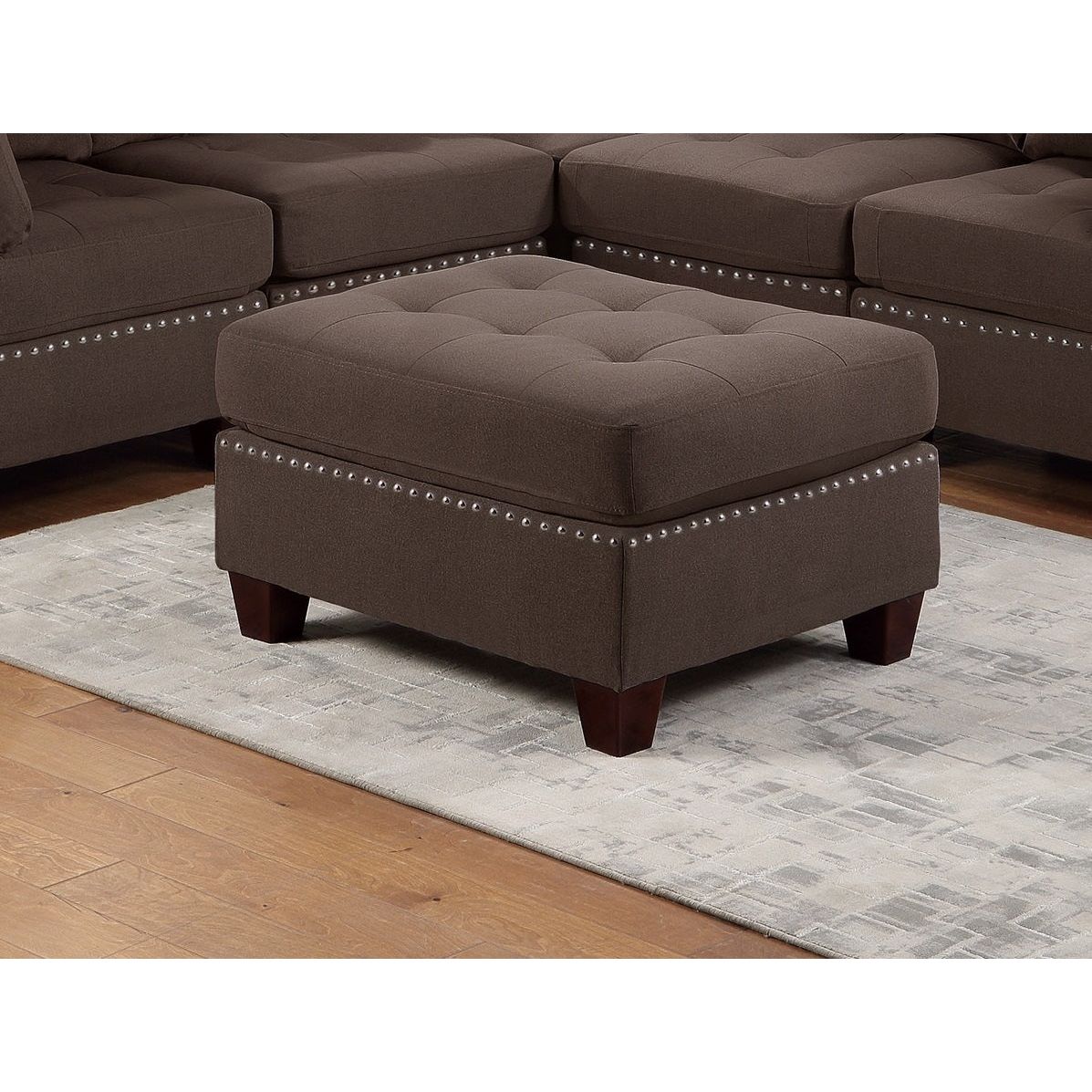 Modular Sectional 6pc Set Living Room Furniture L-Sectional Black Coffee Linen Like Fabric Tufted Nailheads 2x Corner Wedge 2x Armless Chairs and 2x Ottomans