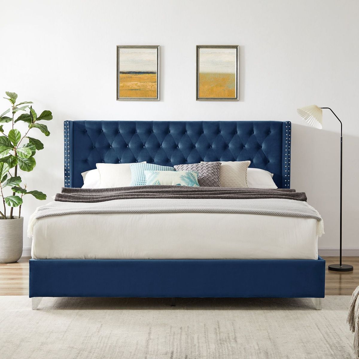 King bed, Button designed Headboard, strong wooden slats + metal legs with Electroplate