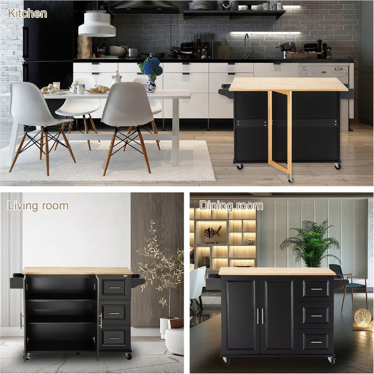 Kitchen Island & Kitchen Cart, Mobile Kitchen Island with Extensible Rubber Wood Table Top, adjustable Shelf Inside Cabinet, 3 Big Drawers, with Spice Rack, Towel Rack, Black-Beech .