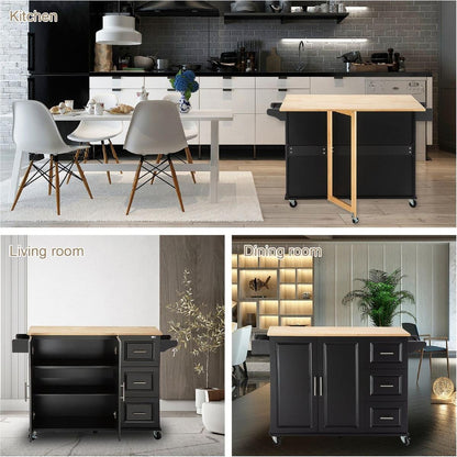 Kitchen Island & Kitchen Cart, Mobile Kitchen Island with Extensible Rubber Wood Table Top, adjustable Shelf Inside Cabinet, 3 Big Drawers, with Spice Rack, Towel Rack, Black-Beech .