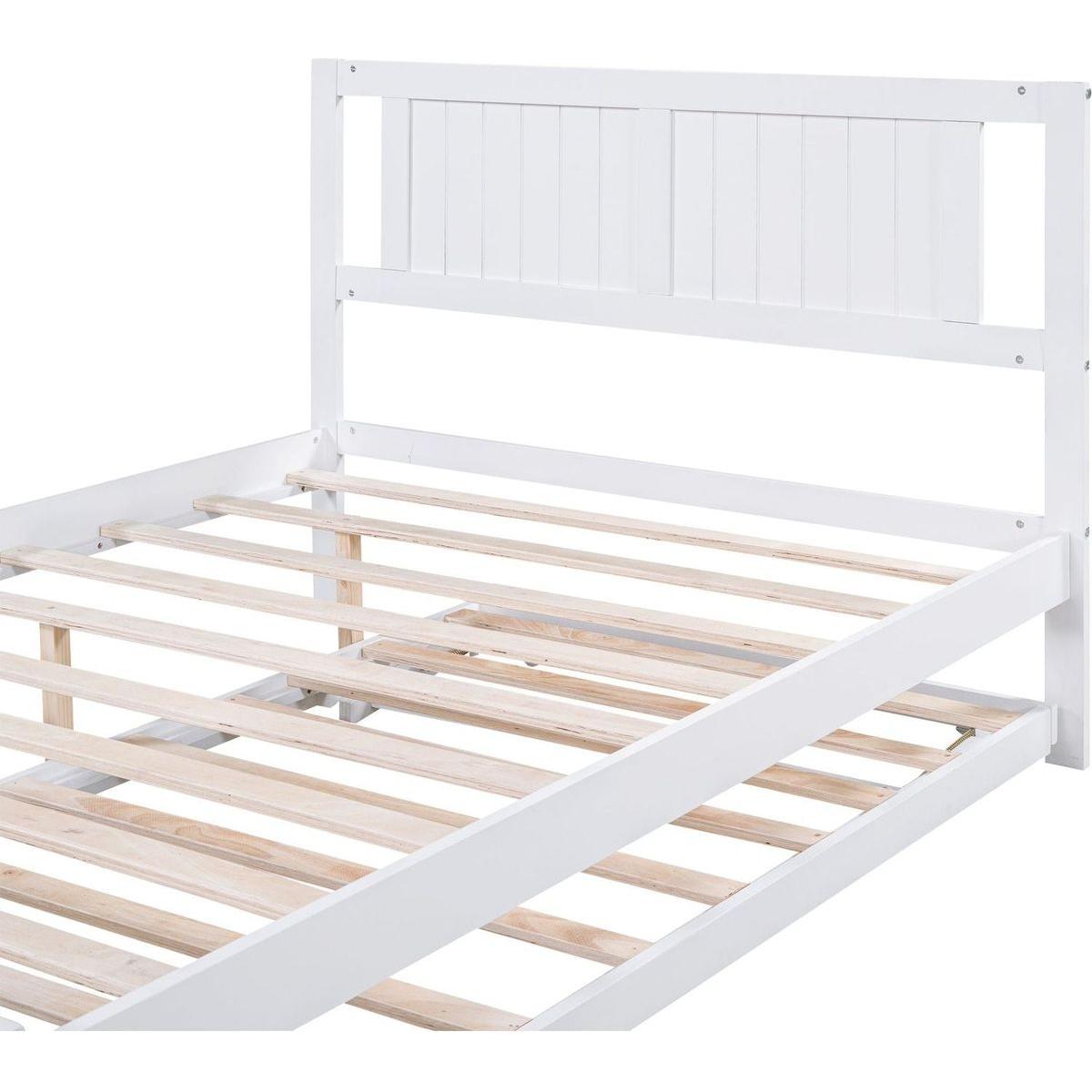 Full Size Platform Bed with Adjustable Trundle, White