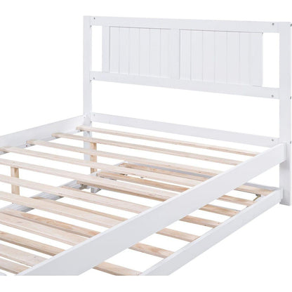 Full Size Platform Bed with Adjustable Trundle, White