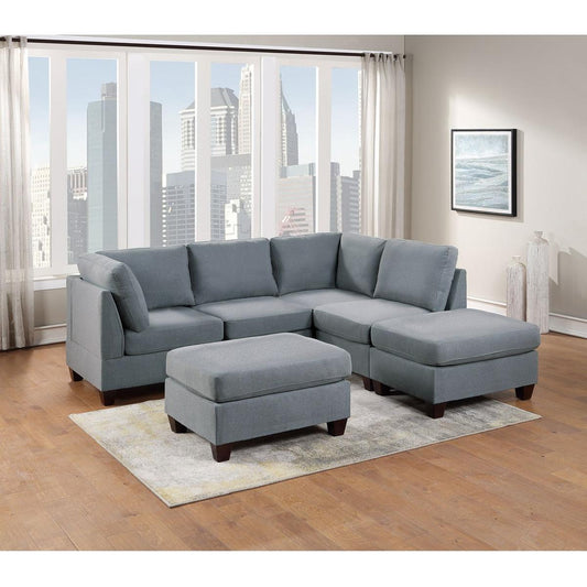 Modular Sectional 6pc Set Living Room Furniture L-Sectional Grey Linen Like Fabric 2x Corner Wedge 2x Armless Chairs and 2x Ottomans