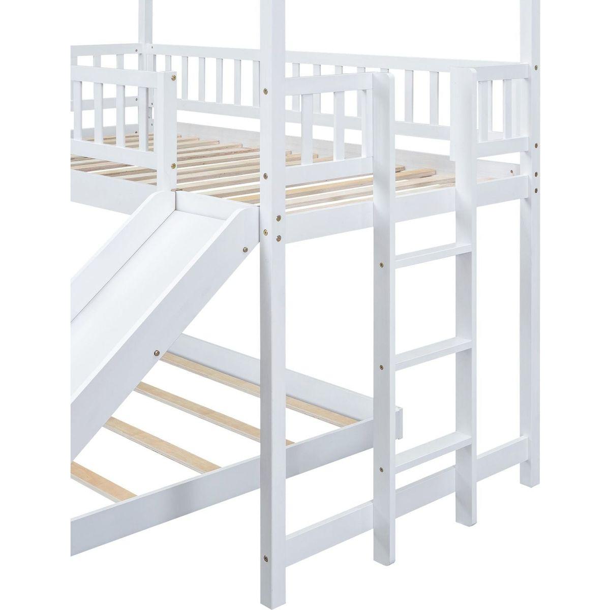 Twin over Full House Bunk Bed with Slide and Built-in Ladder, Full-Length Guardrail, White