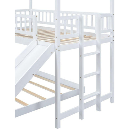 Twin over Full House Bunk Bed with Slide and Built-in Ladder, Full-Length Guardrail, White