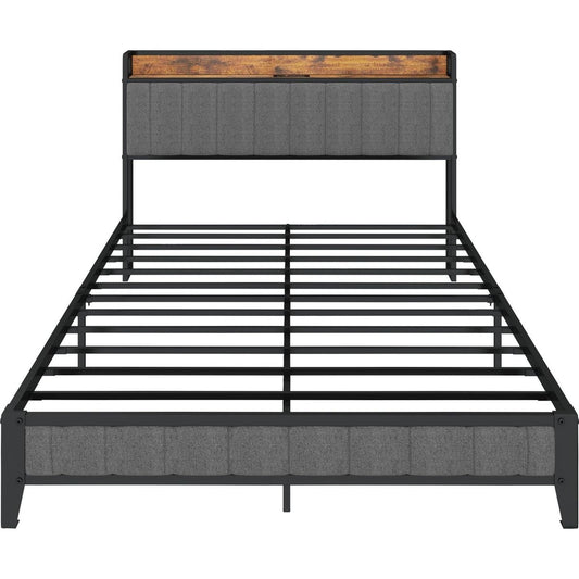 Full Size Bed Frame with Charging Station, Upholstered Headboard, Metal Platform, Grey