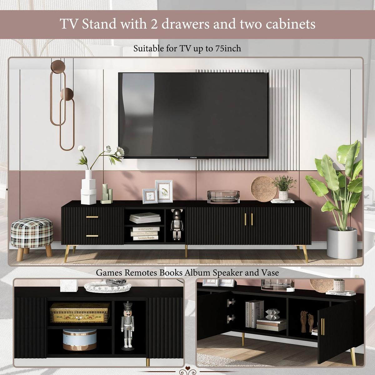 Modern TV Stand with 5 Champagne legs - Durable, stylish, spacious, versatile storage TVS up to 77" (Black)