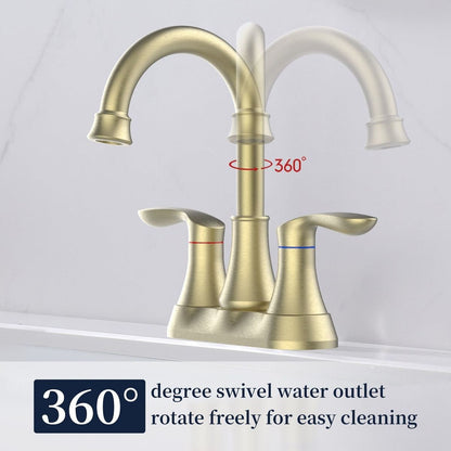 Bathroom Faucet Brushed Gold with Pop up Drain & Supply Hoses 2-Handle 360 Degree High Arc Swivel Spout Centerset 4 Inch Vanity Sink Faucet