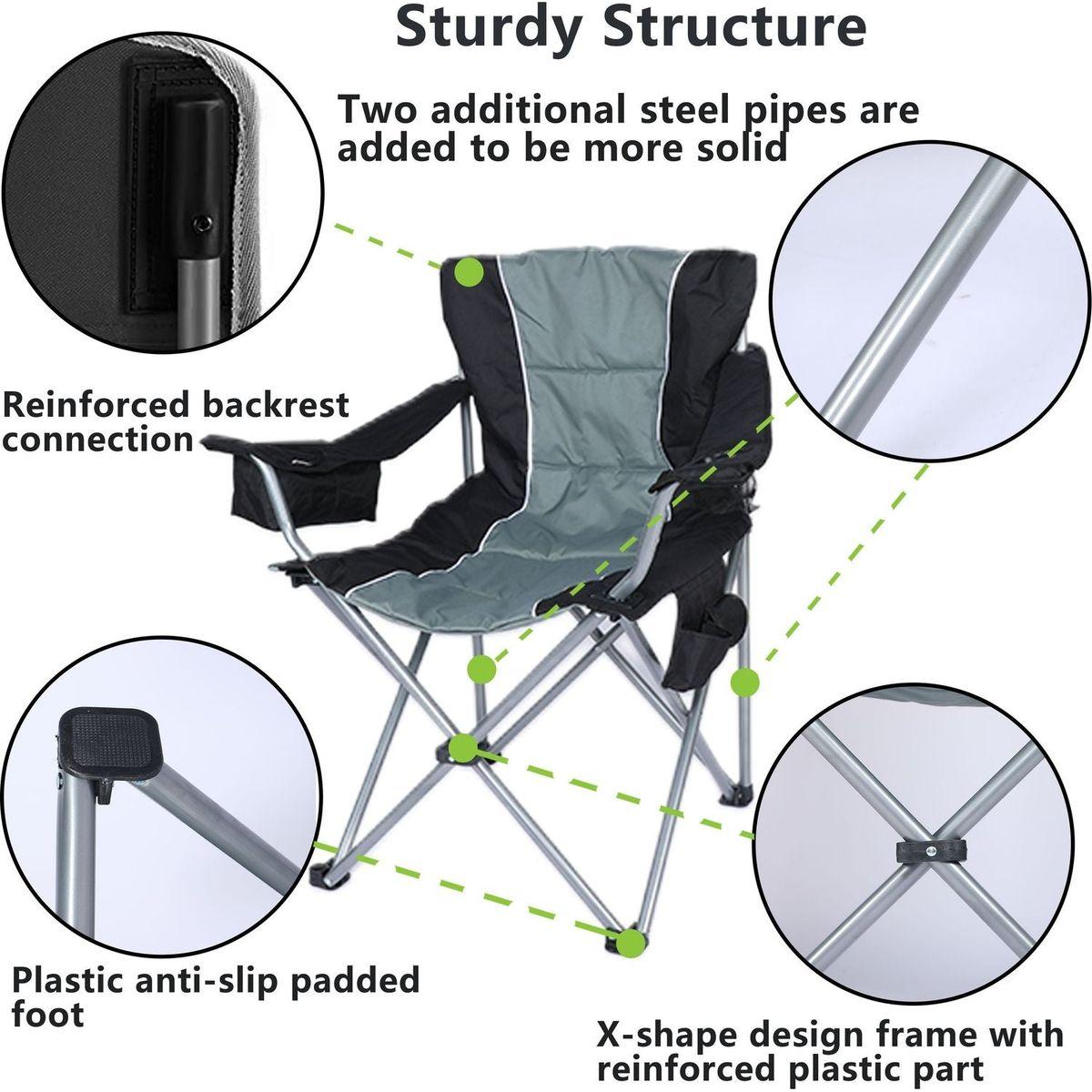 Oversized Camping Folding Chair with Cup Holder, Side Cooler Bag, Heavy Duty Steel Frame Fully P Added Quad Armchair for Outdoors, 1-Pack, Grey