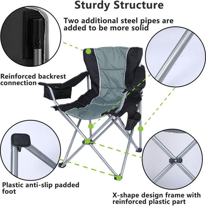 Oversized Camping Folding Chair with Cup Holder, Side Cooler Bag, Heavy Duty Steel Frame Fully P Added Quad Armchair for Outdoors, 1-Pack, Grey