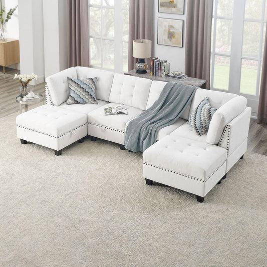 U shape Modular Sectional Sofa,DIY Combination,includes Two Single Chair, Two Corner and Two Ottoman,Ivory Chenille