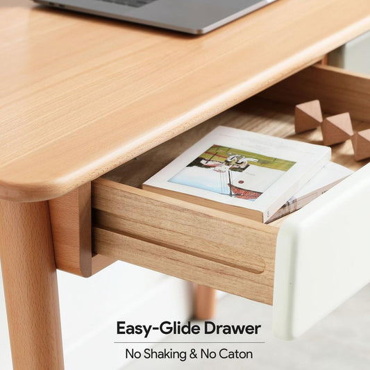 Solid Wood Computer Desk - 47" Large Size Office Desk with 2 Drawers, Modern Simple Style PC Table with Gap Design for Home Office, Work, Student, Study, Makeup Workstation (Beech) - Streamdale Furniture
