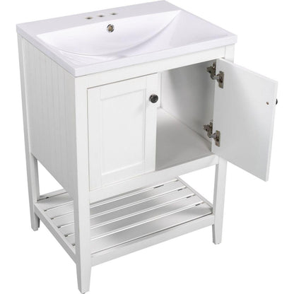 24" White Modern Sleek Bathroom Vanity Elegant Ceramic Sink with Solid Wood Frame Open Style Shelf