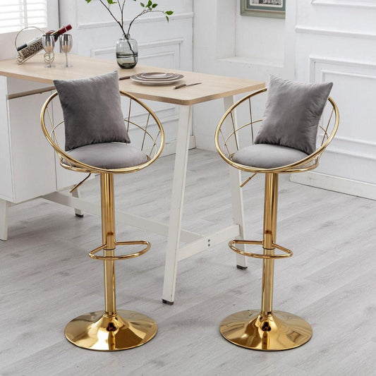 Grey velvet bar chair, pure gold plated, unique design, 360 degree rotation, adjustable height, Suitable for dining room and bar, set of 2
