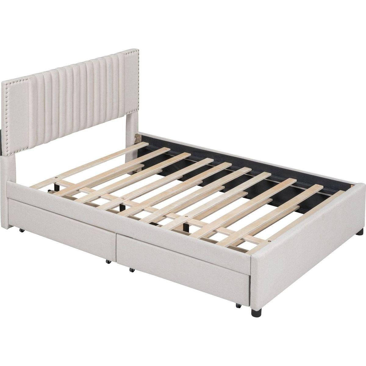 Full Size Upholstered Platform Bed with 2 Drawers and 1 Twin Size Trundle, Classic Headboard Design, Beige