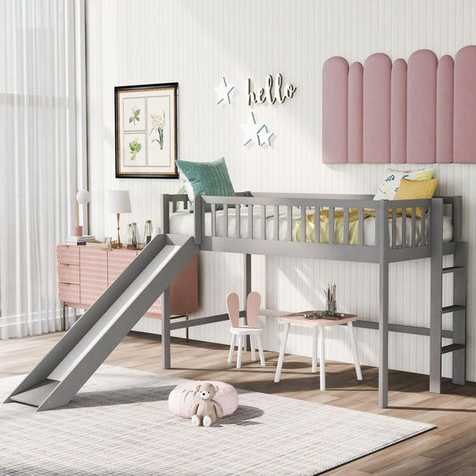 Twin Size Low Loft Bed with Ladder and Slide, Gray - Streamdale Furniture