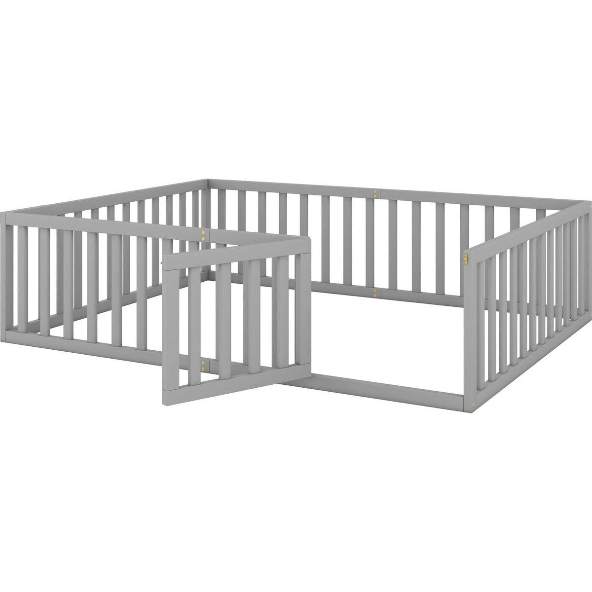 Queen Size Wood Floor Bed Frame with Fence and Door, Gray