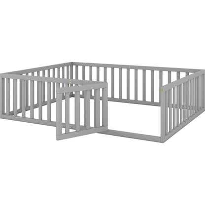 Queen Size Wood Floor Bed Frame with Fence and Door, Gray