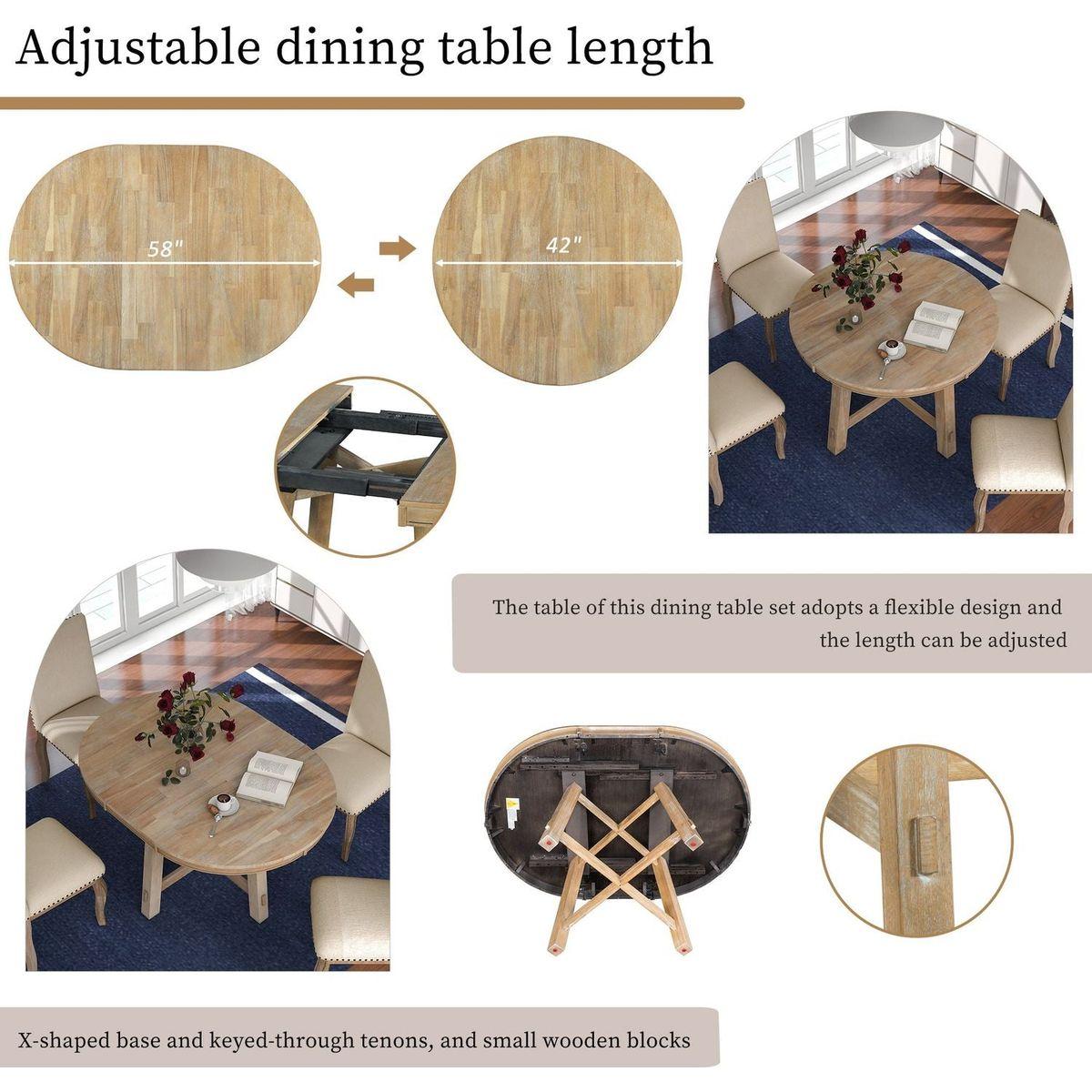 5-Piece Farmhouse Dining Table Set Wood Round Extendable Dining Table and 4 Upholstered Dining Chairs (Natural Wood Wash)