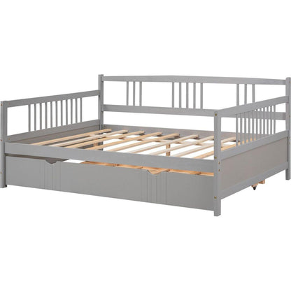 Full Size Daybed Wood Bed with Twin Size Trundle, Gray