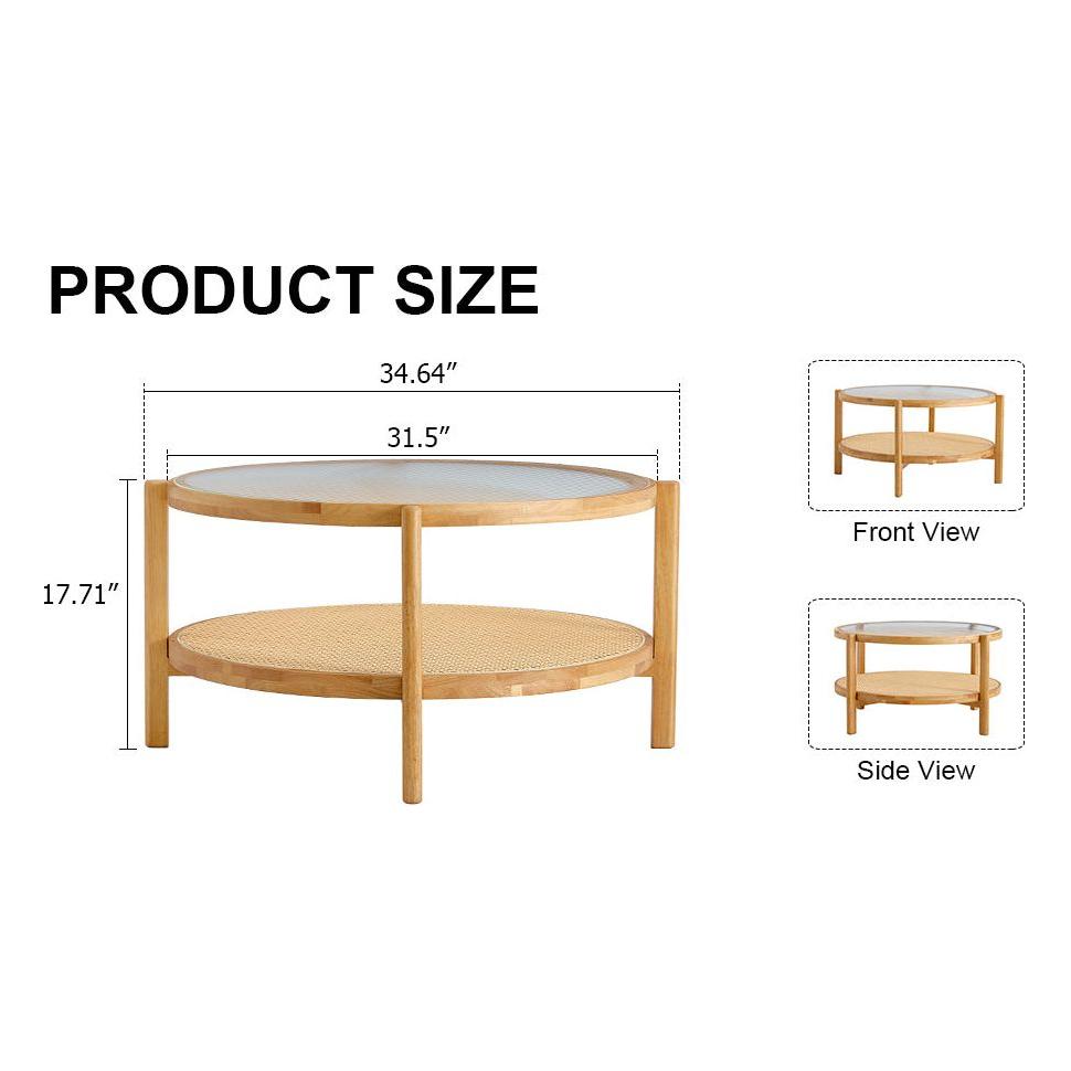 Modern simple circular double-layer solid wood tea table rattan woven Chinese side table small round table suitable for living room, dining room and bedroom