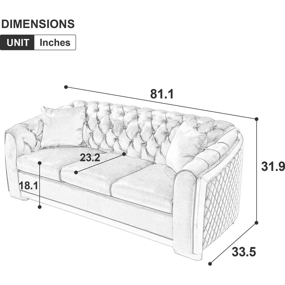 Velvet Luxury Chesterfield Sofa Set, 84 Inches Tufted 3 Seat Couch with Gold Stainless for Living Room, Beige Fabric