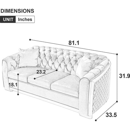 Velvet Luxury Chesterfield Sofa Set, 84 Inches Tufted 3 Seat Couch with Gold Stainless for Living Room, Beige Fabric