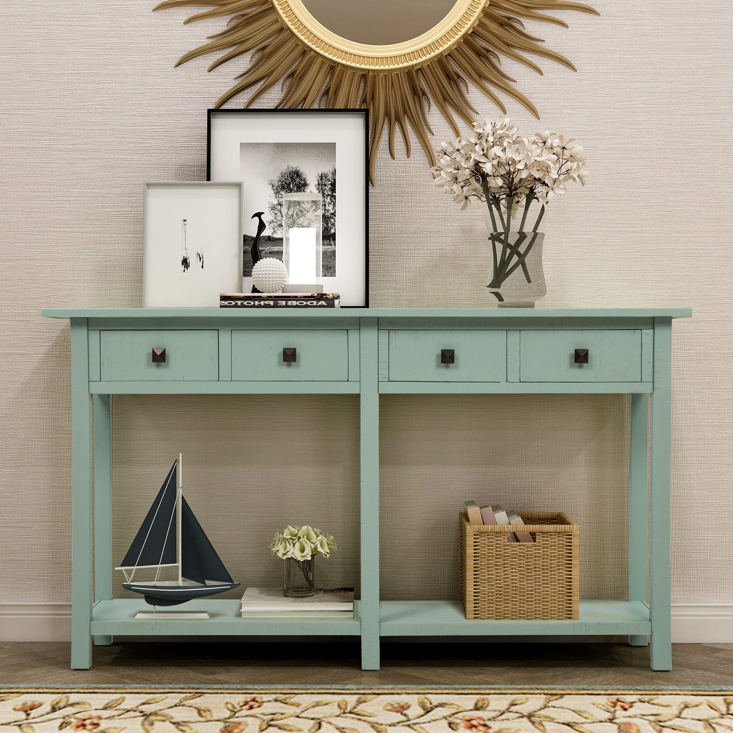 Rustic Brushed Texture Entryway Table Console Table with Drawers and Bottom Shelf for Living Room (Tiffany Blue)