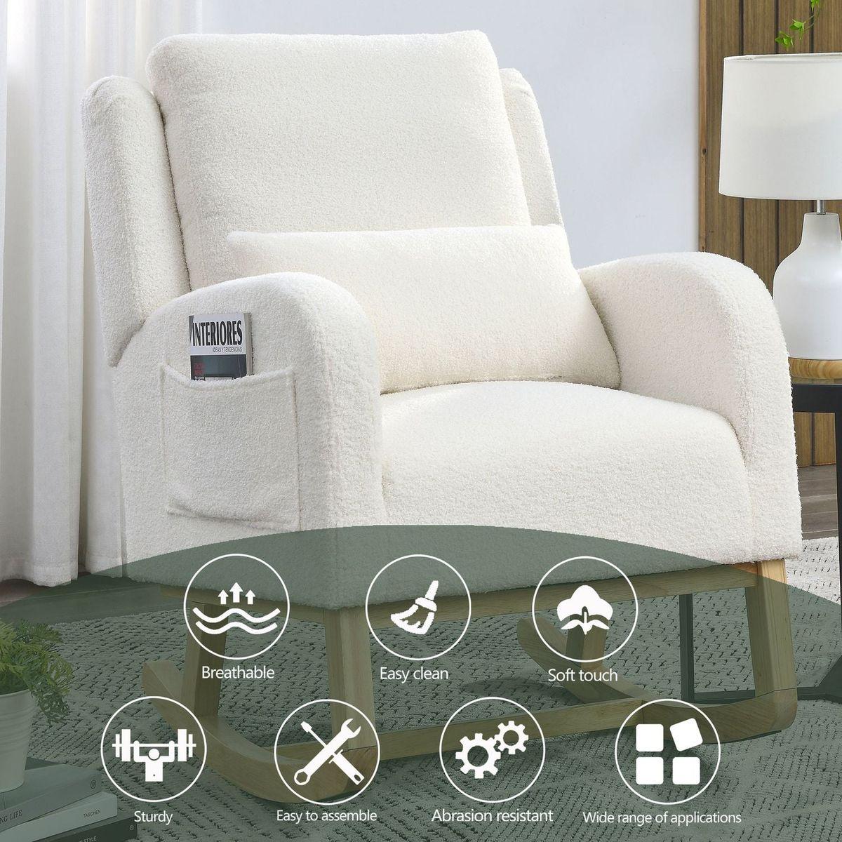 27.5" W Modern Accent High Back Living Room Casual Armchair Rocker with One Lumbar Pillow, Two Side Pockets, Teddy.