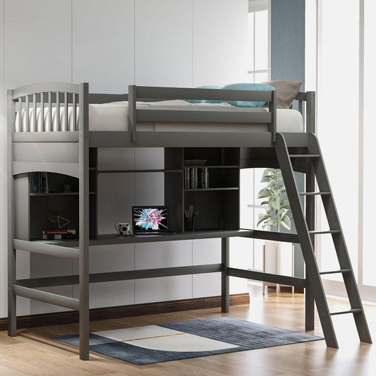 Twin size Loft Bed with Storage Shelves, Desk and Ladder, Gray - Streamdale Furniture