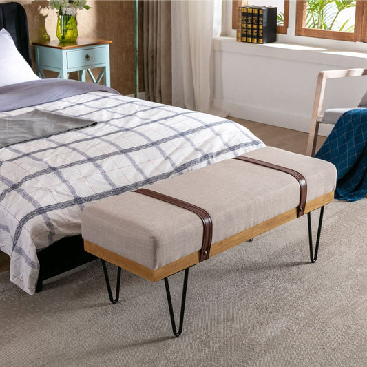 Linen Fabric soft cushion Upholstered solid wood frame Rectangle bed bench with powder coating metal legs, Entryway footstool