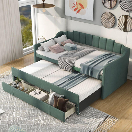 Twin Size Upholstered Daybed with Trundle and Three Drawers,Green