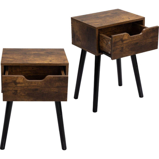 Set of 2 Mid Century Wood Side Table, End Table with 1 Storage Drawer, Nightstand for Bedroom Living Room, Rustic Brown and Black