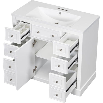 36" Bathroom Vanity with Sink Combo, One Cabinet and Six Drawers, Solid Wood and MDF Board, White