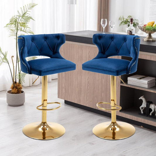 Bar Stools With Back and Footrest Counter Height Dining Chairs-Velvet Blue-2PCS/SET