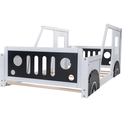 Twin Size Classic Car-Shaped Platform Bed with Wheels, White - Streamdale Furniture