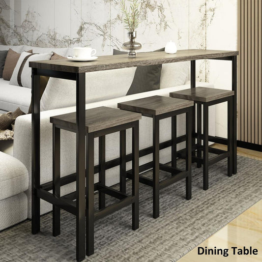 Counter Height Extra Long Dining Table Set with 3 Stools Pub Kitchen Set Side Table with Footrest, Gray - Streamdale Furniture