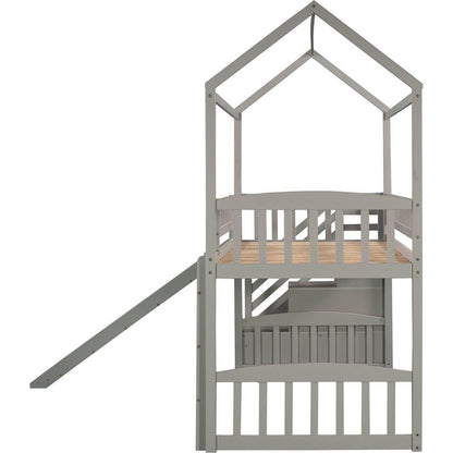 Twin Loft Bed with Two Drawers and Slide, House Bed with Slide, Gray