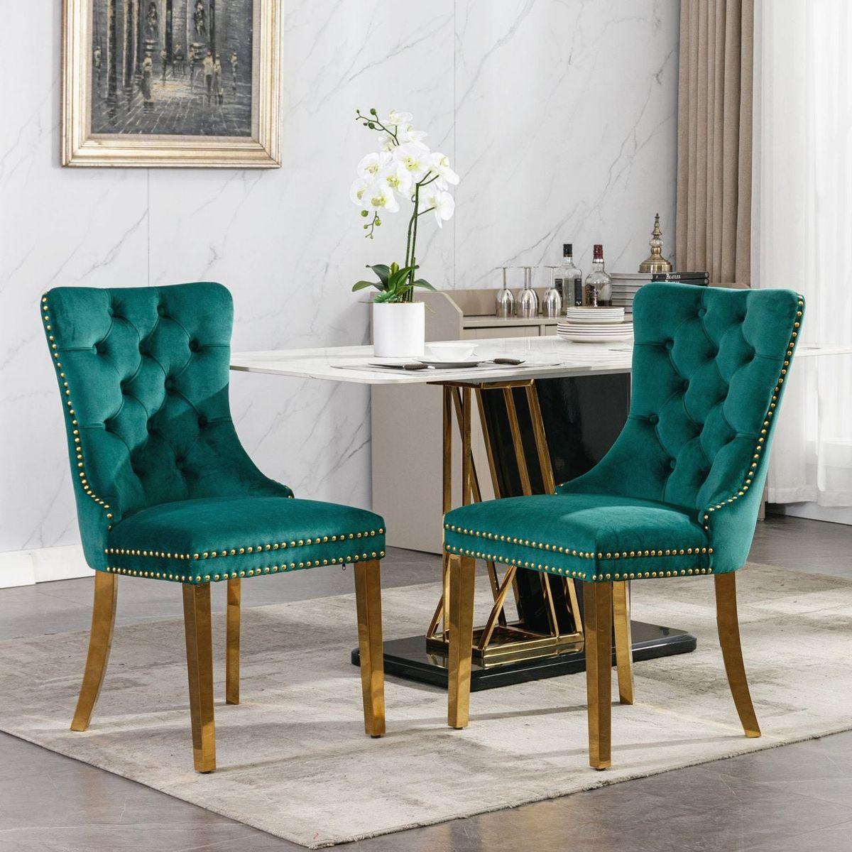 Nikki Collection Modern, High-end Tufted Solid Wood Contemporary Velvet Upholstered Dining Chair with Golden Stainless Steel Plating Legs, Nailhead Trim, Set of 2lack and Gold