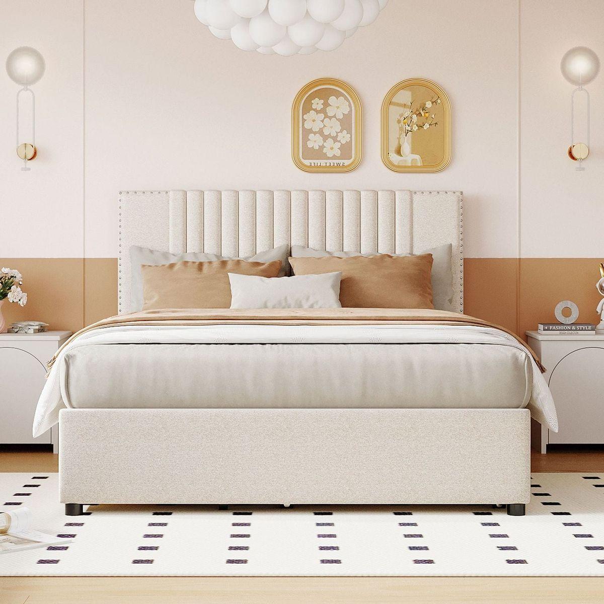 Full Size Upholstered Platform Bed with 2 Drawers and 1 Twin Size Trundle, Classic Headboard Design, Beige